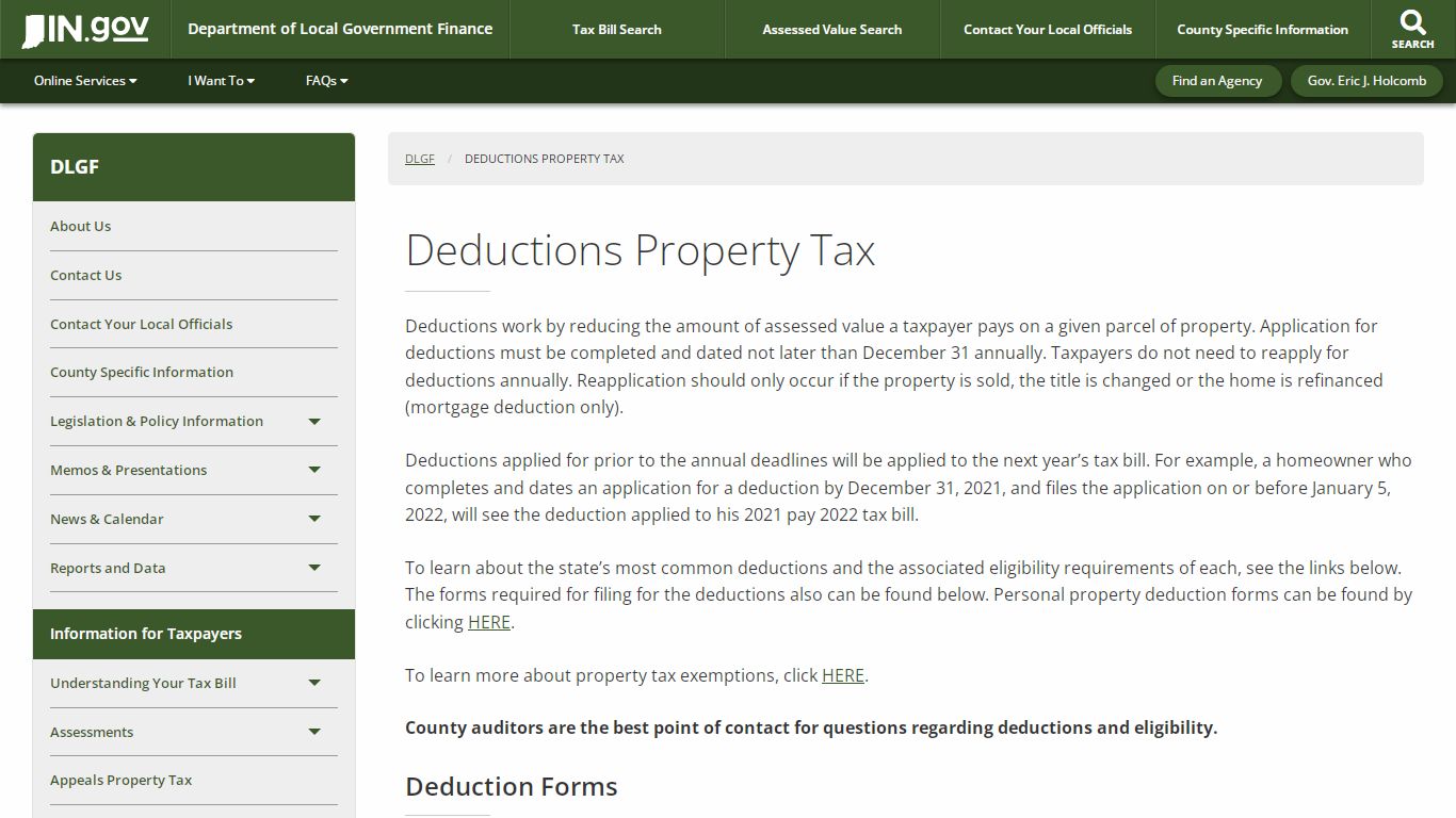 DLGF: Deductions Property Tax - Indiana